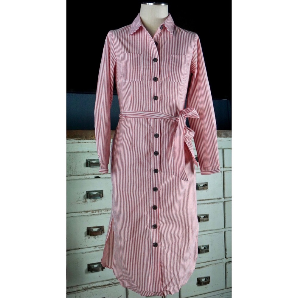 1901 Striped Red & White Midi Shirt Dress New XS
